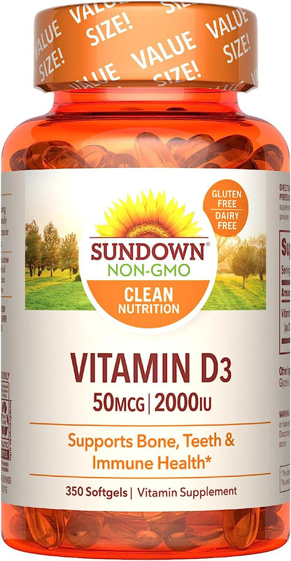 Sundown Vitamin D3 2000 IU Softgels, Supports Bone, Teeth, and Immune Health, 350 Count