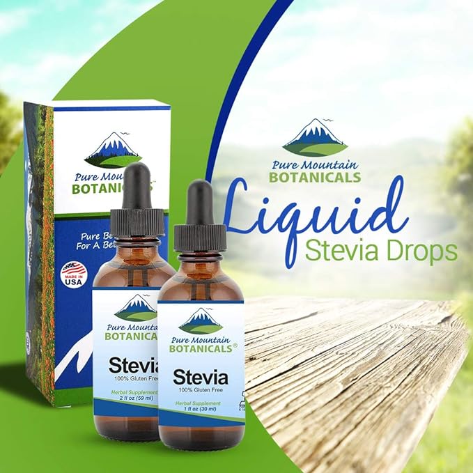 Pure Mountain Botanicals Liquid Stevia Drops - Natural Sweetener - Concentrated Sugar Free Substitute Diabetic Friendly Ideal for Keto Low Carb and Vegan Diet Great Addition to Weight Loss Program