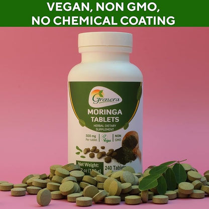 Grenera Moringa Tablets 240 nos, Uncoated Malunggay Herbal Supplement, No Chemical Coating, Green Superfood, Lab Tested for Purity