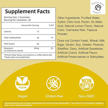 Potassium Gummies for Adults Kids, Sugar Free, Support Leg Cramps & Muscle & Heart Health, Vital Electrolyte, as Potassium Citrate, Best Potassium Gummies for Stones, Vegan, Non-GMO, Lemon Flavor, 60