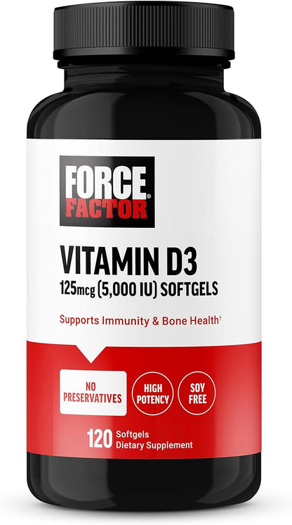 FORCE FACTOR Vitamin D3 5000 IU Softgels, High-Potency Vitamin D Supplement to Support Immunity and Bone Health, Premium Quality, No Preservatives, 120 Softgels