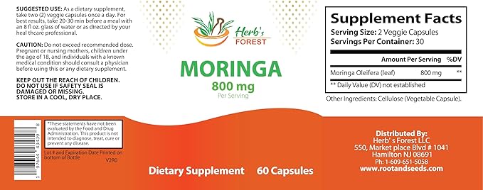 Herb's Forest Moringa Leaf Powder Capsules, Organic Processed, 800mg per Serving, Small Veg Capsules, for Women and Men, Once Daily