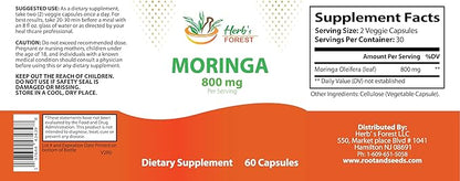 Herb's Forest Moringa Leaf Powder Capsules, Organic Processed, 800mg per Serving, Small Veg Capsules, for Women and Men, Once Daily