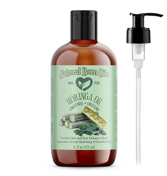 Natural Born Oils Moringa Oil, 16oz, Organic, Cold-Pressed, Nutrient-Rich, Excellent for Soft Skin, Healthy Hair