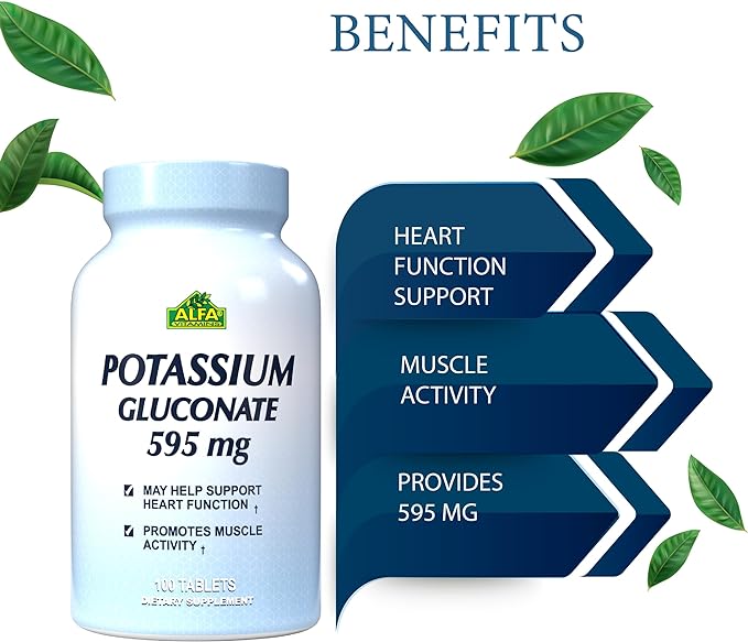 Potassium Gluconate 595 Mg by Alfa Vitamins - Supports Heart Function & Promotes Muscle acitvity - 100 Tablets