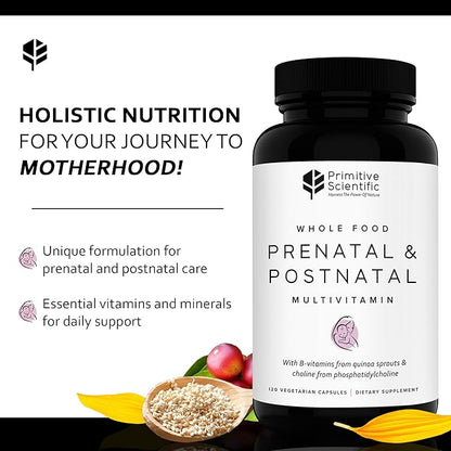 Prenatal and Postnatal Multivitamin for Women with Vitamins A, B, C, E, & D, Iodine and Ginger Extract for Mother and Baby Support - 120 Capsules, Non-GMO, Gluten Free