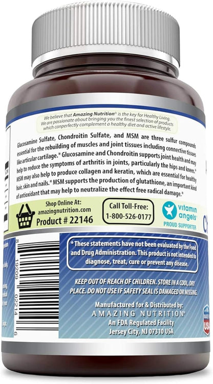 Amazing Formulas Glucosamine Chondroitin MSM 1850 mg Per Serving Capsules Supplement | Non-GMO | Gluten Free | Made in USA (120 Count)