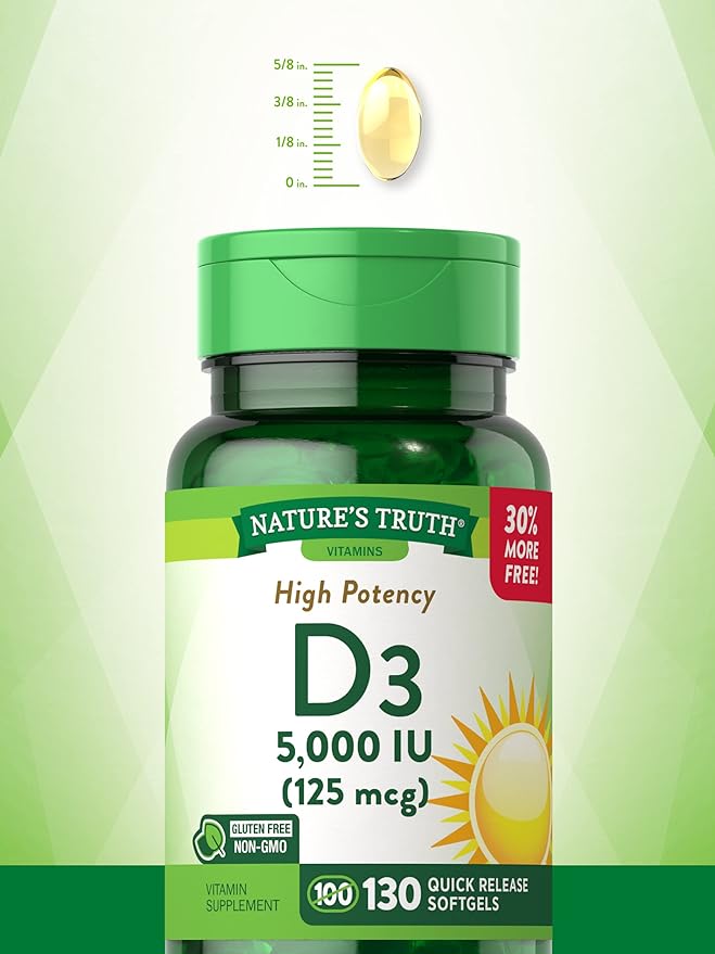 Nature's Truth Vitamin D3 5000 IU Softgels 130 Count | High Potency Vitamin D | Non-GMO, Gluten Free