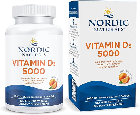 Nordic Naturals Vitamin D3 5000, Orange - 120 Mini Soft Gels - 5000 IU Vitamin D3 - Supports Healthy Bones, Mood & Immune System Function - Non-GMO - 120 Servings