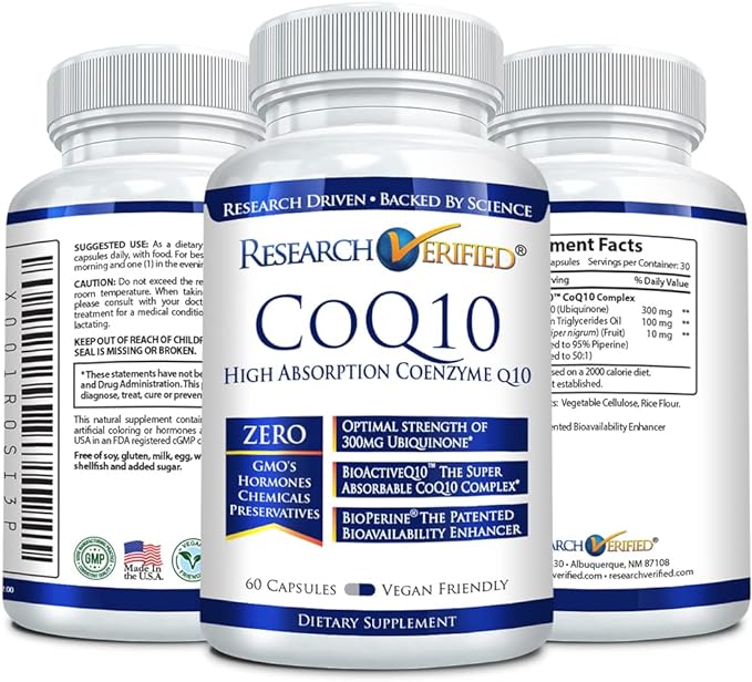 Research Verified CoQ10-100% Pure Extra Strength 300mg CoQ10 – Improved Absorption and Bioavailability with Bioperine - Boost Antioxidant Levels, Improve Cardiovascular Health, 180 Vegan Capsules