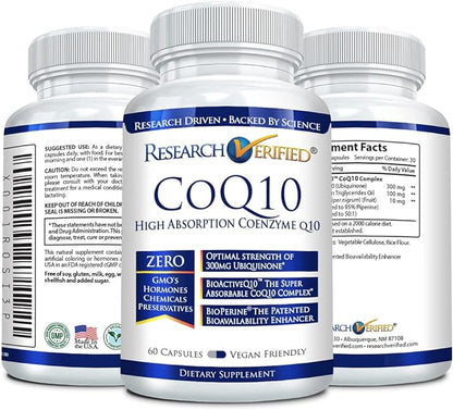 Research Verified CoQ10-100% Pure Extra Strength 300mg CoQ10 – Improved Absorption and Bioavailability with Bioperine - Boost Antioxidant Levels, Improve Cardiovascular Health, 180 Vegan Capsules