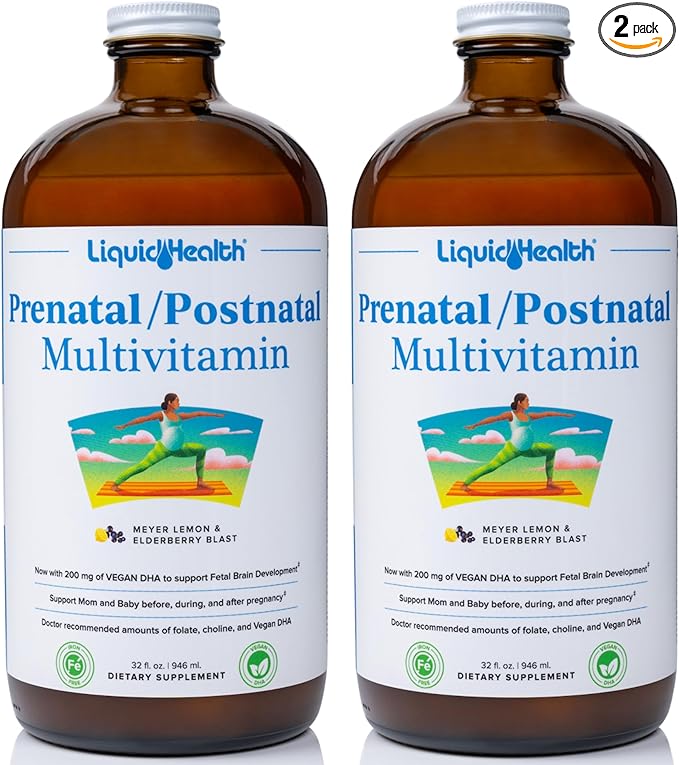 LIQUIDHEALTH Prenatal/Postnatal Multiple Liquid Women's Multivitamin with Real Folate - Pre & Postnatal Vitamins for Before, During, After Pregnancy - Vegan, Sugar-Free, Non GMO, Great Taste (2 Pack)