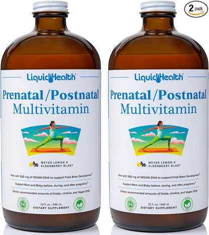 LIQUIDHEALTH Prenatal/Postnatal Multiple Liquid Women's Multivitamin with Real Folate - Pre & Postnatal Vitamins for Before, During, After Pregnancy - Vegan, Sugar-Free, Non GMO, Great Taste (2 Pack)