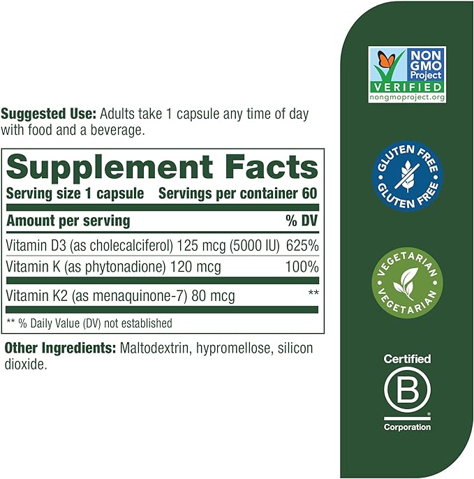 MegaFood Vitamin D3 5000 IU (125 mcg) - Vegetarian Vitamin D Supplements with Vitamin D3 K2, Supports Bones, Teeth, Muscles & Immune Health, Certified Non-GMO - 60 Mini Capsules, 60 Servings