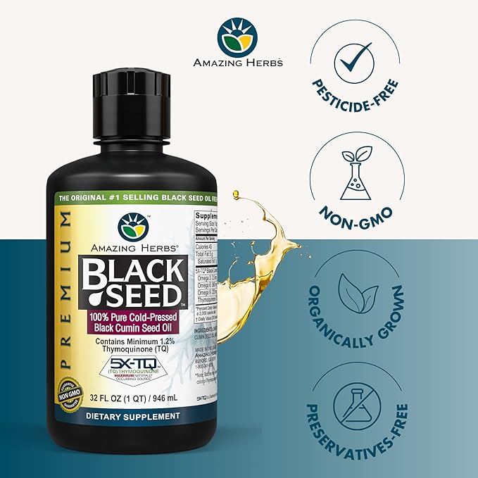 Amazing Herbs Premium Black Seed Oil - Cold Pressed Nigella Sativa Aids in Digestive Health, Immune Support, Brain Function, Joint Mobility, Gluten Free, Non GMO - 32 Fl Oz (Pack of 3)