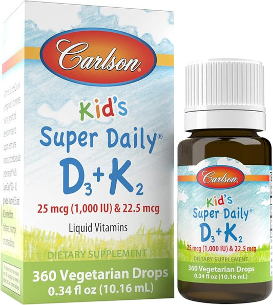 Carlson - Kid's Super Daily D3+K2, 25 mcg (1,000 IU) D3 & 22.5 mcg K2, Vitamin D Drops with Vitamin K2, Liquid Vitamins, 1000 IU Vitamin D3, Heart & Bone Health, 1-Year Supply, Unflavored, 360 Drops