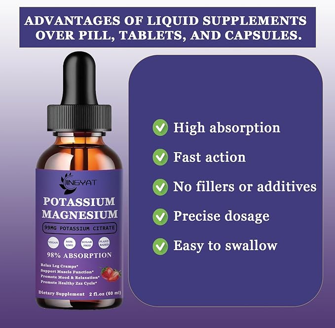 Potassium Magnesium Supplement Liquid Drops - Non-GMO & Gluten Free - High Absorption Magnesium Complex Potassium Citrate 99mg, Zinc, Vitamins C, D3, Complex B for Bone, Heart, Muscle & Nerve