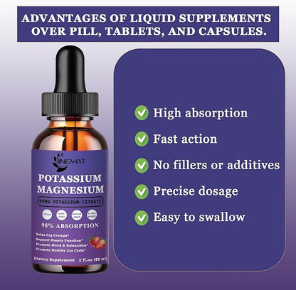 Potassium Magnesium Supplement Liquid Drops - Non-GMO & Gluten Free - High Absorption Magnesium Complex Potassium Citrate 99mg, Zinc, Vitamins C, D3, Complex B for Bone, Heart, Muscle & Nerve