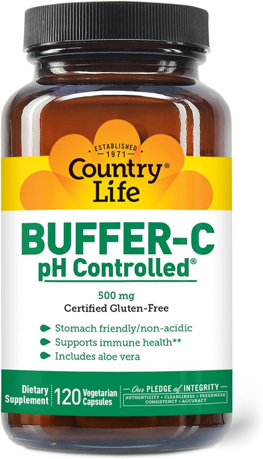 Country Life Buffer-C pH Controlled, 500mg, Stomach Friendly, Non-Acidic, 120 Vegetarian Capsules, Certified Gluten Free, Certified Vegetarian