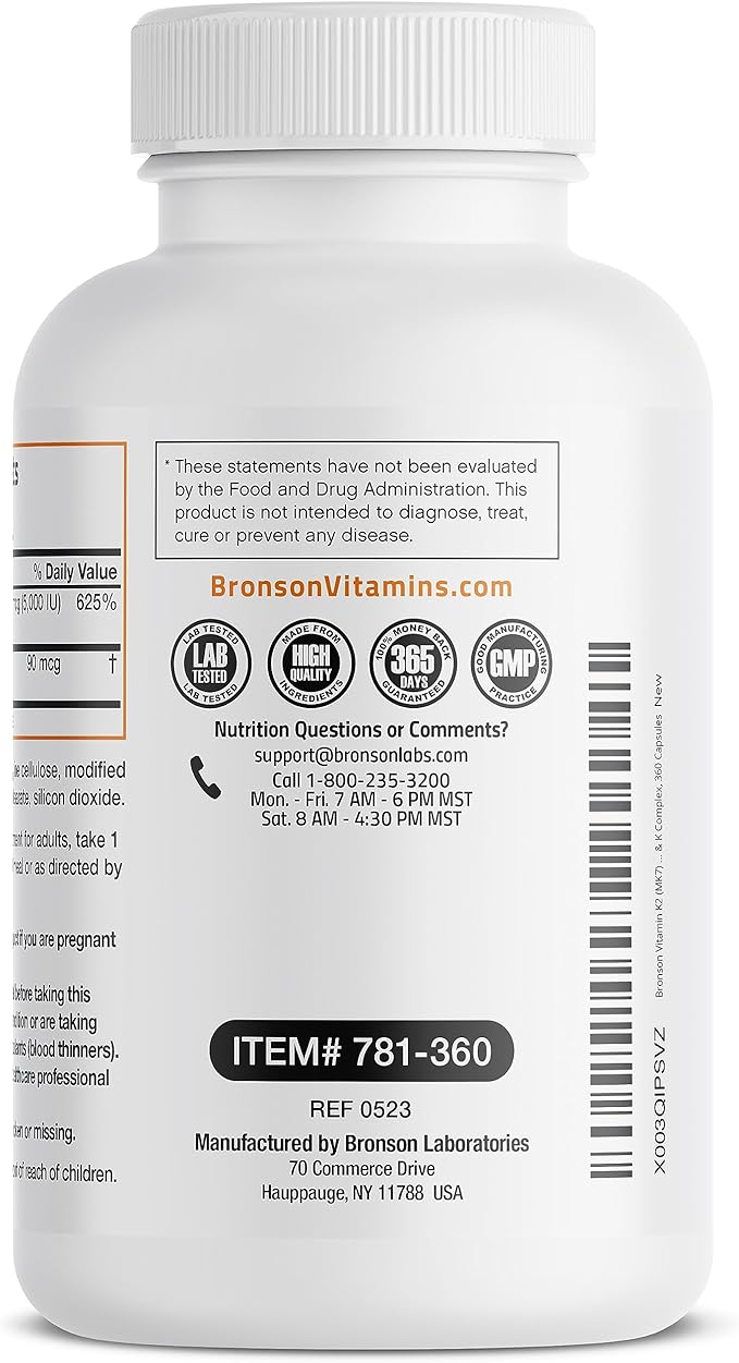 Bronson Vitamin K2 (MK7) with D3 Supplement Non-GMO Formula 5000 IU Vitamin D3 & 90 mcg Vitamin K2 MK-7 Easy to Swallow Vitamin D & K Complex, 360 Capsules