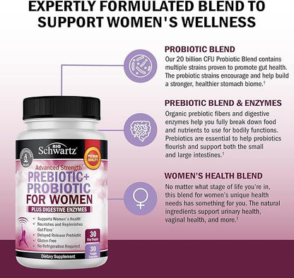 Prebiotics and Probiotics for Women - for Gut, Vaginal and Immune Health Support with Black Cohosh and Red Clover - Whole Food Digestive Enzymes Capsules, Lactobacillus Probiotic Supplement, 30 Count