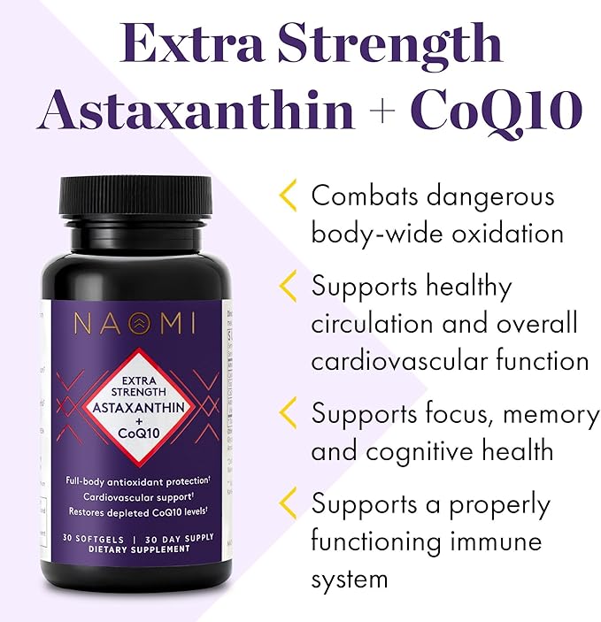 NAOMI Extra Strength Astaxanthin + CoQ10, Fat-Soluble Antioxidants, Cardiovascular Support, Increased Energy, Immune and Cognitive Function, Restore Depleted CoQ10, High Absorption, 30-Day Supply