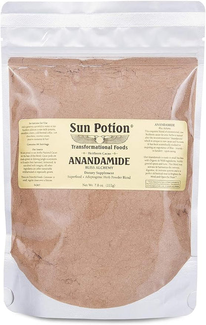 Organic Anandamide 222g by Sun Potion - Raw Unsweetened Cacao Powder and Tonic Herbs - Includes Tocos Ashwagandha Reishi Maca Moringa Turmeric Astragalus Cayenne Cinnamon and Others