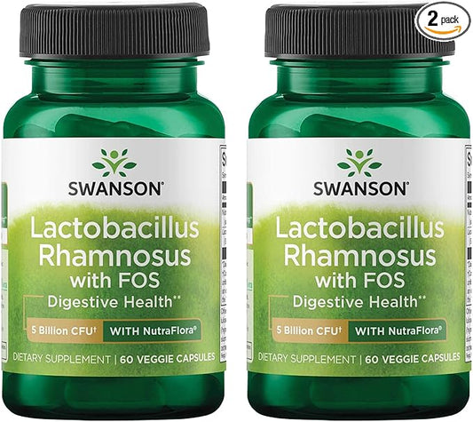 Swanson Lactobacillus Rhamnosus with FOS - Probiotic Supplement Supports Digestive Health - 5 Billion CFU - (60 Veggie Caps) 2 Pack