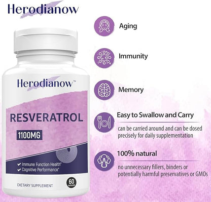 Ultra High Purity Resveratrol, 1100mg Trans-resveratrol Supplement, for Aging, Immune System & Overall Health, 120 Capsule(Pack of 2)