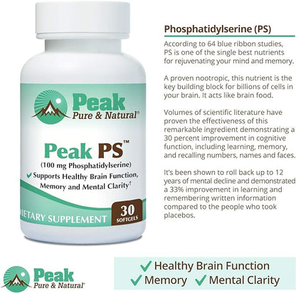 Peak Pure & Natural “Peak PS” Phosphatidylserine Brain Health Supplement - Soy-Free Nootropic for Memory Health - Supplement for Brain Health - 30 Count 100mg Softgels