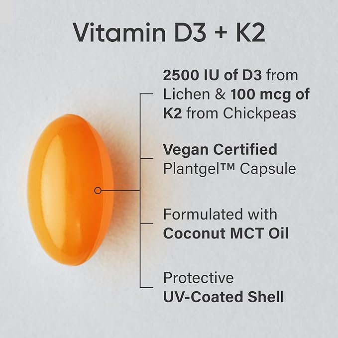 Sports Research® Vitamin D3 + K2 with Coconut MCT Oil | Vegan D3 2500iu (62.5mcg) & Plant Based Vitamin K2 Supplement | Vegan Certified, Soy & Gluten Free - 60 Softgels