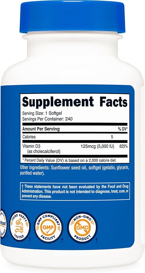 Nutricost Vitamin D3 5,000 IU, 240 Softgels - Non-GMO and Gluten Free Vitamin D