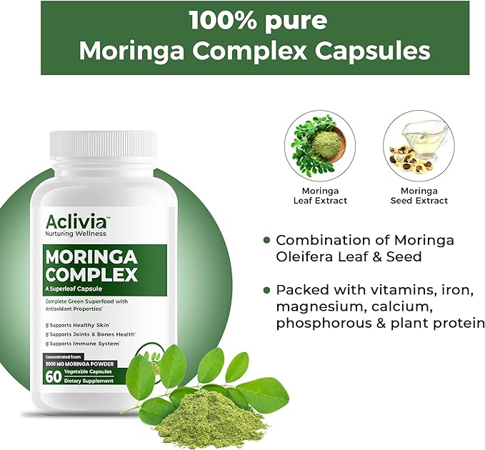 Moringa Complex with Oleifera Leaf & Seed Extract, Potent Strength 5000 mg per Serving, Complete Green-Based Superfood with Antioxidant Properties