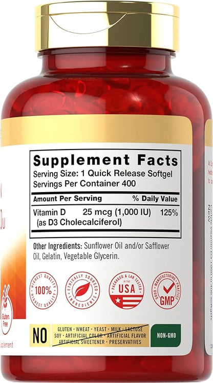 Carlyle Vitamin D3 1000 IU | 400 Softgels | Non-GMO and Gluten Free Formula | 25 mcg