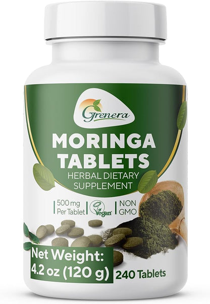 Grenera Moringa Tablets 240 nos, Uncoated Malunggay Herbal Supplement, No Chemical Coating, Green Superfood, Lab Tested for Purity