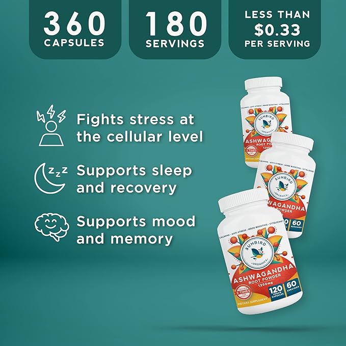 Ashwagandha Capsules Organic, Stress & Sleep Support, Potent 1200mg Pure Ashwagandha Root Powder, 120 Vegan Ashwagandha Capsules, Made in USA - 3 Bottles