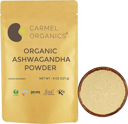 CARMEL ORGANICS Organic Ashwagandha Root Powder (8 Oz or 227g/0.5 Lbs) USDA Certified. Lab Tested, Non GMO & Gluten Free | Withania Somnifera from India