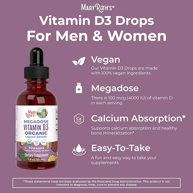 MaryRuth Organics Vitamin D3 Liquid Drops | Megadose 4000 IU | USDA Organic Liquid Vitamin D Spray for Adults & Kids | Immune Support & Bone Health | Vegan | Gluten Free | Non-GMO | 30 Servings