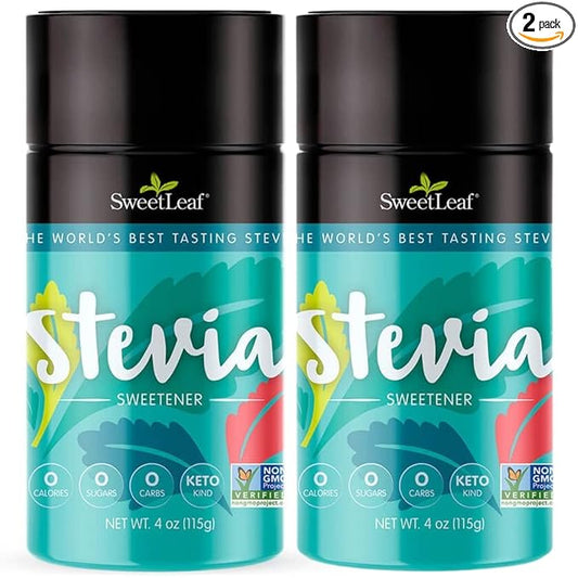 SweetLeaf Stevia Powder Shaker Jar - Zero Calorie Stevia Sweetener, No Bitter Aftertaste, Plant-Based Sugar Substitute from Keto, Non-GMO Sweet Leaf Stevia, 4 Oz Ea (Pack of 2)