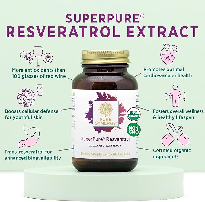 PURE SYNERGY SuperPure Resveratrol Extract | Organic Resveratrol Supplement | Antioxidant Trans-Resveratrol Extract with Grape Polyphenols | for Healthy Aging, Heart, and Skin Health (60 Capsules)