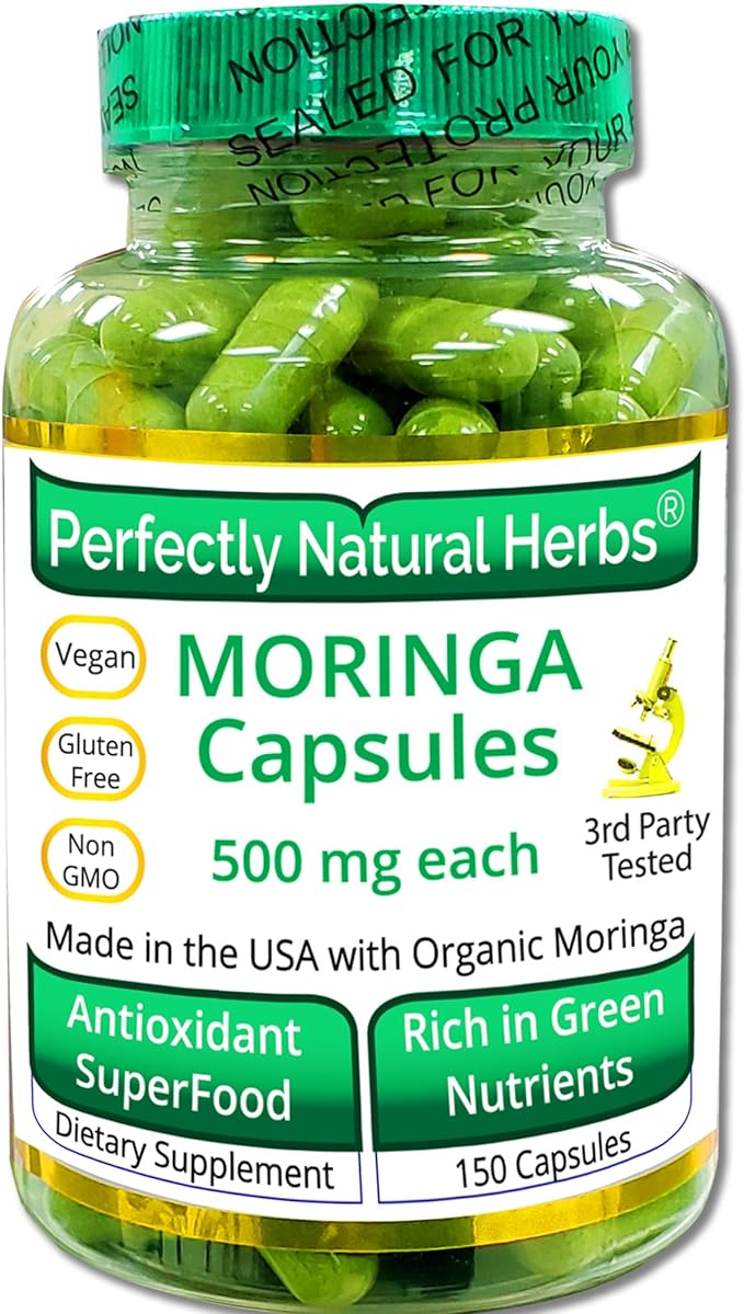 150 Moringa Capsules Made With USDA Certified Organic Moringa Leaf Powder, Net Weight of 500mg per Capsule