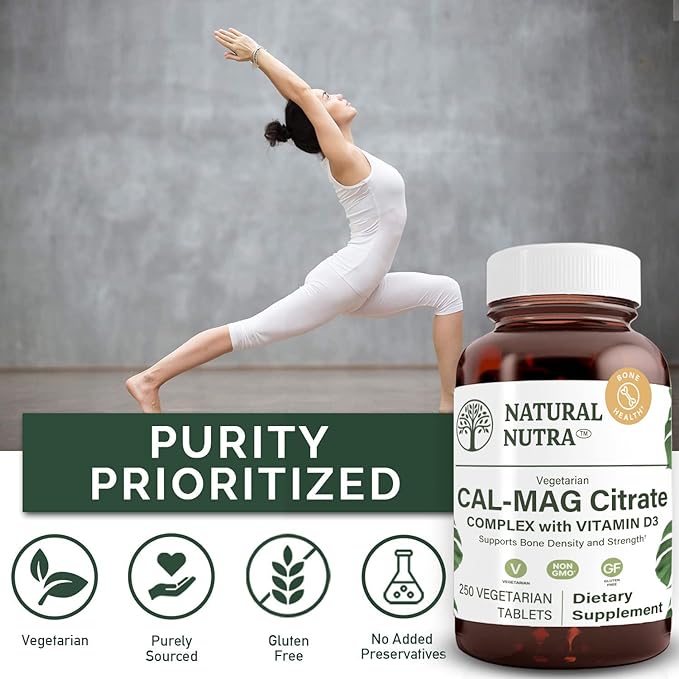 Natural Nutra Cal-Mag 1000/500 mg Citrate with Vitamin D3, Strengthen Bone Density, Muscle and Nerve Health, Highly Bioavailable Sources, 250 Vegan Tablets.