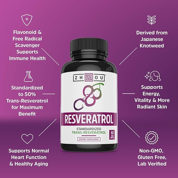 Zhou Resveratrol Supplement | Healthy Aging, Immune System & Heart Health Support | Powerful Antioxidant Benefits | 30 Servings, 60 Veg Caps