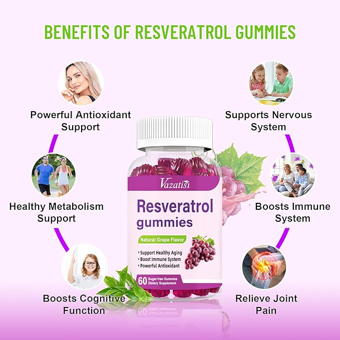 High Purity Resveratrol Gummies, 98% Trans-Resveratrol with Quercetin, Coq 10, Vitamin C - Reservatrol Supplement for Antioxidant, Joint, Anti-Aging - 60 Gummies