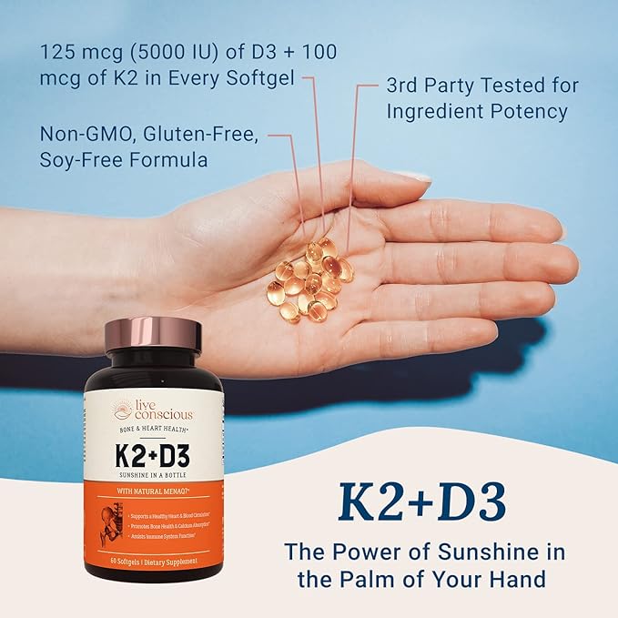 Live Conscious Vitamin K2 MK7 with D3 Supplement | Bone & Heart Health Support - Patented Vitamin K & Vitamin D3 5000 IU - 60 Softgels