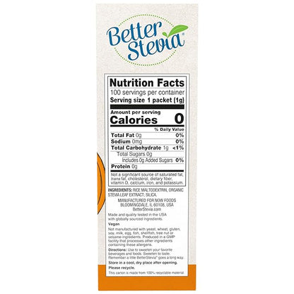 NOW Foods BetterStevia Zero-Calorie Granulated Sweetener Packets, Keto Friendly, Suitable for Diabetics, No Erythritol, 100 Packets