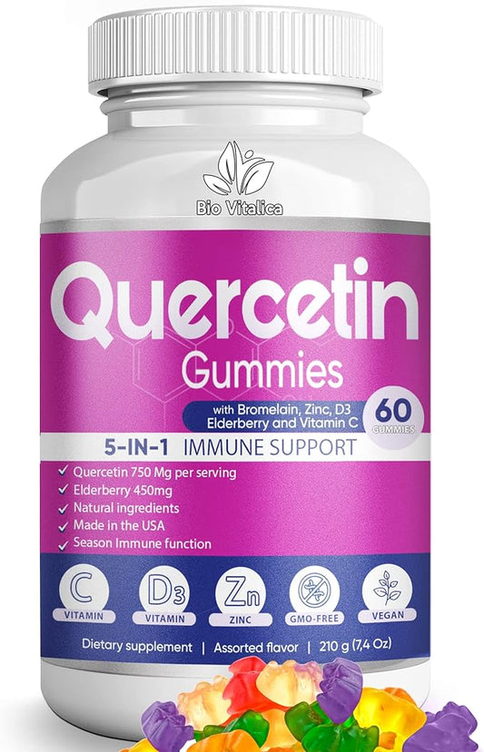 BIO VITALICA Quercetin Gummies by BioVitalica - Quercetin with Bromelain Vitamin C and Zinc & Elderberry + Vitamin D3-5 in 1 Immune Support - Zinc Quercetin 750 mg for Kids and Adults (1)