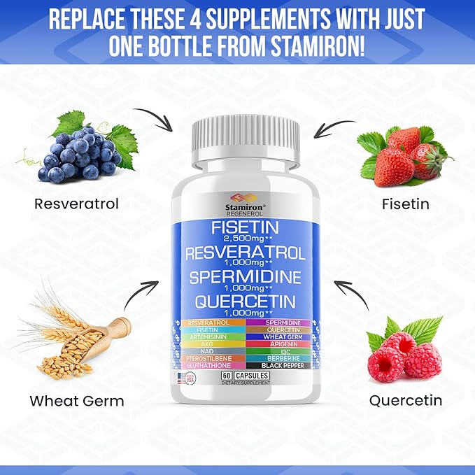 Fisetin 2500mg Resveratrol 1000mg Spermidine Wheat Germ 1000mg Quercetin 1000mg Supplement with Collagen, Glutathione, Berberine, NAD, Rhodiola, AKG, Apigenin, I3C Turmeric - Made in USA