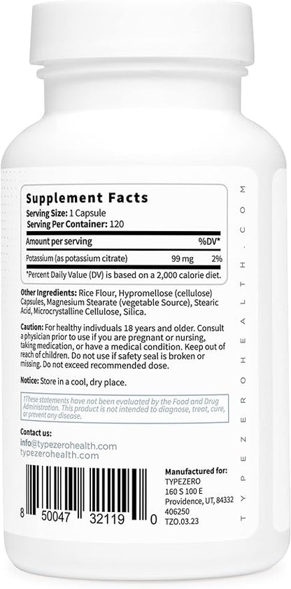 Type Zero Potassium Citrate (99mg, 120 Capsules) - Gluten Free, Non-GMO