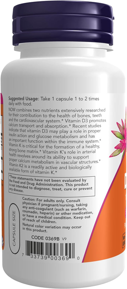 NOW Supplements, Vitamin D-3 & K-2, 1,000 IU/45 mcg, Plus Cardiovascular Support*, Supports Bone Health*, 120 Veg Capsules